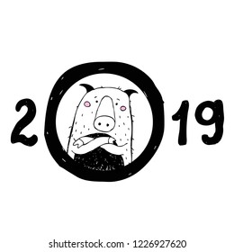 2019 Happy new year card with hand drawn pig - new year symbol