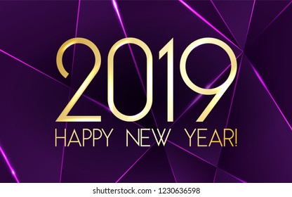 2019 Happy New Year card with premium polygonal gradient triangles and foil texture lines background. Festive rich design for holiday card, invitation, calendar poster. Happy 2019 New Year gold text.