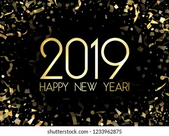 2019 Happy New Year card, gold confetti shimmer. Foil texture gold glitter confetti tinsels background, 2019 greeting card, banner or party poster template with wishes of happiness in New Year.