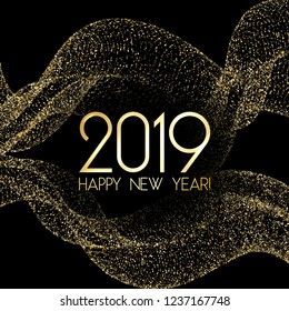 2019 Happy New Year card, rich gold confetti. Foil texture gold glitter confetti sparkles backdrop, 2019 holiday card, banner or party poster design with wishes of happiness in New Year.