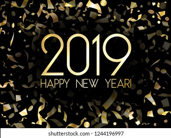2019 Happy New Year card, gold confetti particles. Foil texture gold glitter confetti sparkles backdrop, 2019 greeting card, banner or party poster template with wishes of happiness in New Year.
