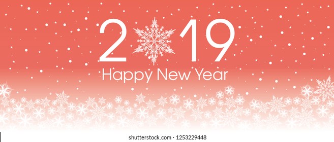 2019 Happy New Year card template. Design patern snowflakes with living coral and white color.