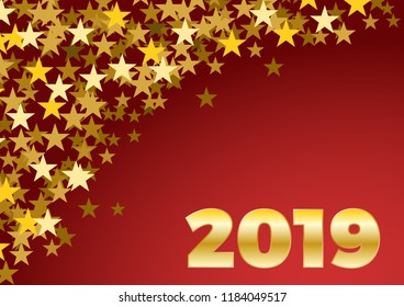 2019 Happy New Year celebrate card with holiday greetings and golden stars