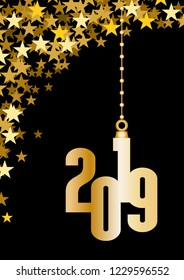 2019 Happy New Year celebrate vertical card with holiday greetings and golden stars