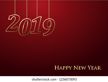 2019 Happy New Year celebrate card with holiday greetings, vector golden hanging text