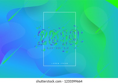 2019, Happy new year. 2019 new year celebration. 2019 landing page background. Fluid, liquid, wavy, dynamic shape background. Trendy and modern background color.