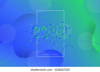 2019, Happy new year. 2019 new year celebration. 2019 landing page background. Fluid, liquid, wavy, dynamic shape background. Trendy and modern background color.