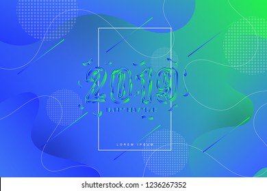 2019, Happy new year. 2019 new year celebration. 2019 landing page background. Fluid, liquid, wavy, dynamic shape background. Trendy and modern background color.