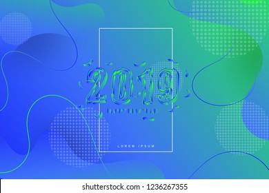 2019, Happy new year. 2019 new year celebration. 2019 landing page background. Fluid, liquid, wavy, dynamic shape background. Trendy and modern background color.