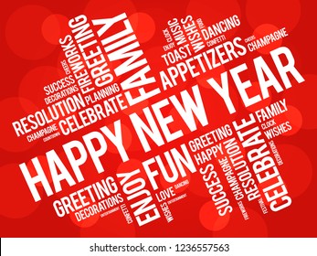 2019 Happy New Year celebration greeting word cloud collage, holiday concept background