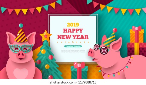 2019 Happy New year with cheerful pigs in carnival masks and caps. Vector illustration. Photobooth party. Christmas tree with gift box on modern geometric background