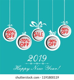 2019 Happy New Year. Christmas sale label. Vector Illustration