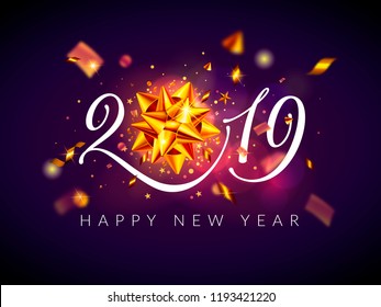 2019 Happy New Year and Christmas background, greeting card with calligraphic 2019 number, shiny gold ribbon, confetti, geometric shapes, stars, lights. Festive vector design template. New Year theme