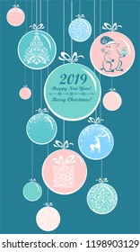 2019 Happy New Year! Christmas Greeting Card. Celebration mint background with pig, Christmas tree, Christmas balls, git box, deer and place for your text. Ball with ribbon. Sale. Vector Illustration 