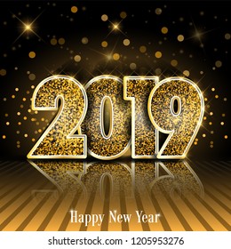 2019 happy new year. Christmas card. golden text.