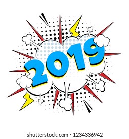 2019 happy new year christmas comic pop art speech bubble vector illustration. Colorful pop art style sound effect. Halftone, vintage comic sound effects isolated on white background.