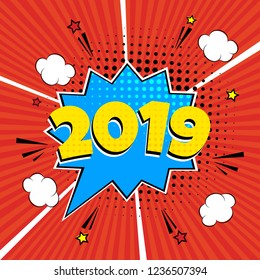 2019 happy new year christmas comic pop art speech bubble vector illustration. Colorful pop art style sound effect. Halftone, vintage comic sound effects isolated on rays background.