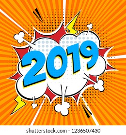 2019 happy new year christmas comic pop art speech bubble vector illustration. Colorful pop art style sound effect. Halftone, vintage comic sound effects isolated on rays background.