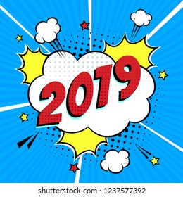 2019 happy new year christmas comic pop art speech bubble vector illustration. Colorful pop art style sound effect. Halftone, vintage comic sound effects isolated on rays background.