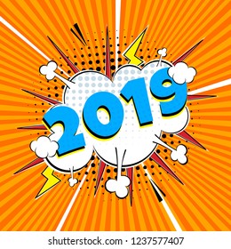 2019 happy new year christmas comic pop art speech bubble vector illustration. Colorful pop art style sound effect. Halftone, vintage comic sound effects isolated on rays background.