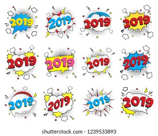 2019 happy new year christmas comic pop art speech bubble set vector illustration. Colorful pop art style sound effect. Halftone, vintage comic sound effects isolated on white background.