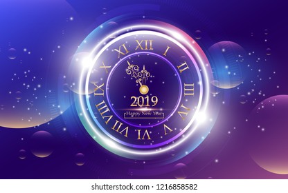 2019 Happy new year with clock on abstract background