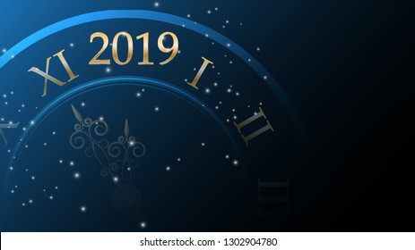 2019 Happy new year with clock on abstract background