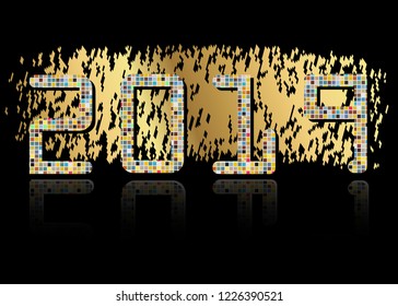 2019 Happy New Year with color mosaic pattern texture, abstract modern style, vector isolated or golden black background, elements for calendar and greetings card or Christmas themed invitations