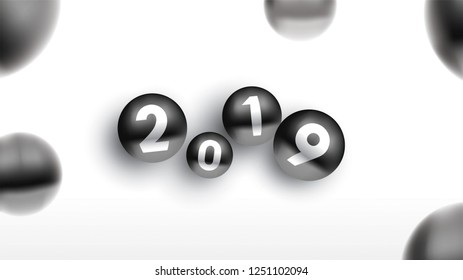 2019 Happy new year with color Christmas balls or abstract balls or bubbles.3d sign copy space. Festive poster or banner design. Party invitation