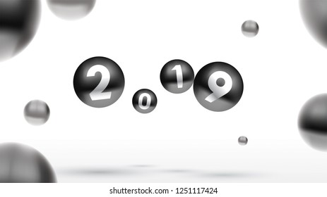 2019 Happy new year with color Christmas balls or abstract balls or bubbles.3d sign copy space. Festive poster or banner design. Party invitation