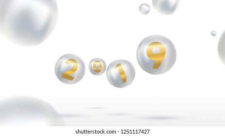 2019 Happy new year with color Christmas balls or abstract balls or bubbles.3d sign copy space. Festive poster or banner design. Party invitation
