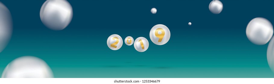 2019 Happy new year with color Christmas balls or abstract balls or bubbles.3d sign copy space. Festive poster or banner design. Party invitation