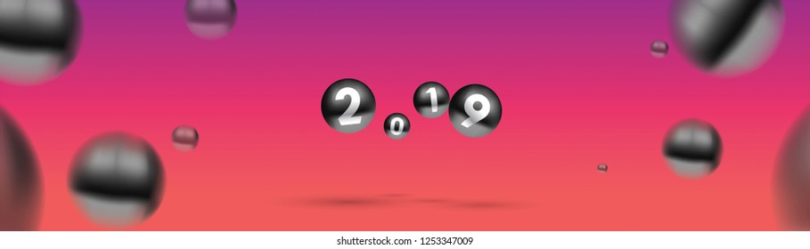 2019 Happy new year with color Christmas balls or abstract balls or bubbles.3d sign copy space. Festive poster or banner design. Party invitation