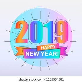 2019 Happy New Year. Colorful outline gradient banner for new year holidays. Perfect for presentations, flyers and banners, leaflets, postcards and posters. Vector illustration EPS10.