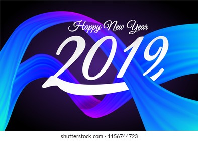 2019 happy new year. colorful flow fabric . Wave shape on black color background . Vector 