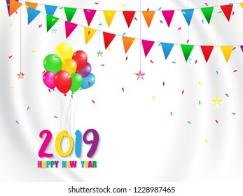 2019 Happy New Year Colourful card design. Vector happy new year greeting illustration.