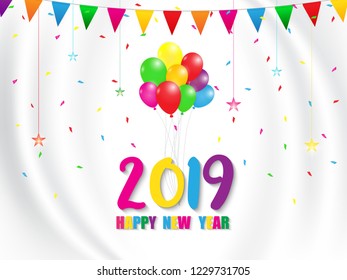 2019 Happy New Year Colourful card design. Vector happy new year greeting illustration.