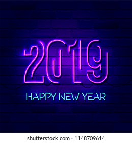 2019 Happy New Year concept with colorful neon lights. Design elements for presentations, flyers, cards, leaflets, posters or postcards. Vector Illustration. Isolated on dark blue background