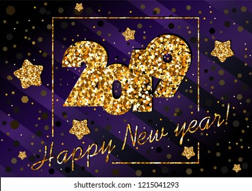 2019 happy New year, congratulation of gold sequins on dark violet, purple background with stripes, glitter,frame, stars