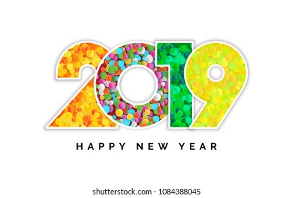 2019 Happy New Year Creative Vector Multicolored Numbers Made of Confetti. Winter Holidays Greeting Card Background for Seasonal Flyers and Banners