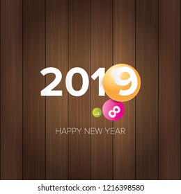 2019 Happy new year creative design background or greeting card. 2019 new year numbers on wooden background