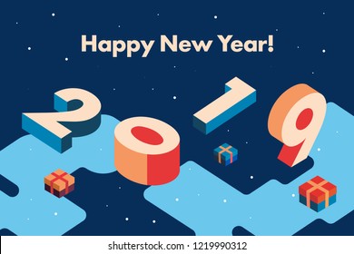 2019 Happy New Year. Creative Greeting Card with inscription Happy New Year and Geometric Isometric Numbers 2019. Gift Box Snowflakes. Hipster Color Vector Illustration. Holiday Poster Design.