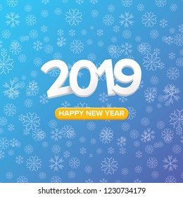 2019 Happy new year creative design background or greeting card. 2019 new year numbers on blue background with falling snowflakes