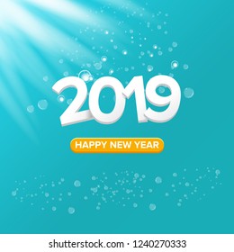 2019 Happy new year creative design background or greeting card. 2019 new year numbers on zure christmas background with lights 