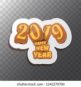 2019 Happy new year creative design background or greeting card with colorful numbers and greeting text. Happy new year label or icon isolated on transparent background