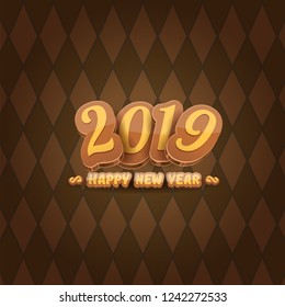 2019 Happy new year creative design background or greeting card with colorful numbers and greeting text. Happy new year label or icon isolated on tweed plaid check pattern texture background