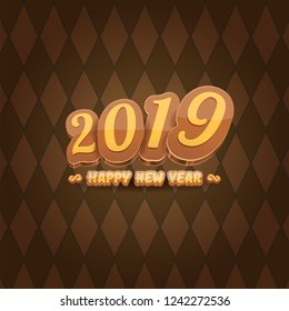 2019 Happy new year creative design background or greeting card with colorful numbers and greeting text. Happy new year label or icon isolated on tweed plaid check pattern texture background