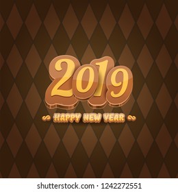 2019 Happy new year creative design background or greeting card with colorful numbers and greeting text. Happy new year label or icon isolated on tweed plaid check pattern texture background