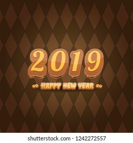 2019 Happy new year creative design background or greeting card with colorful numbers and greeting text. Happy new year label or icon isolated on tweed plaid check pattern texture background
