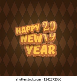 2019 Happy new year creative design background or greeting card with colorful numbers and greeting text. Happy new year label or icon isolated on tweed plaid check pattern texture background